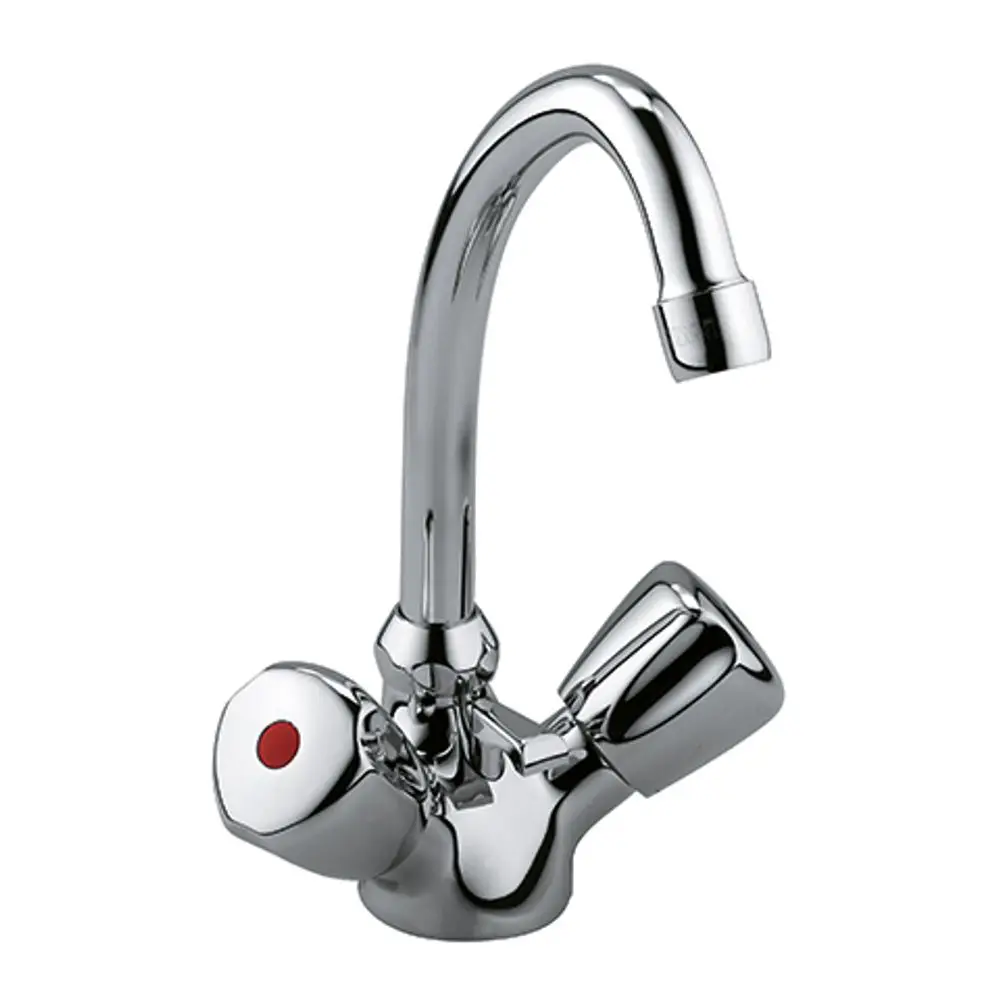 Zweigriff-Armatur von Kludi in Chromfarbe mit einem geschwungenen Auslauf und zwei Bedienelementen für warmes und kaltes Wasser.